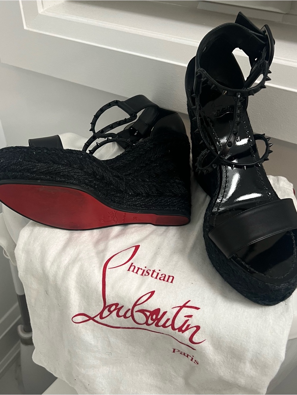 Christian Louboutin Black Patent Leather Espadrille Wedge Sandals with Red Soles